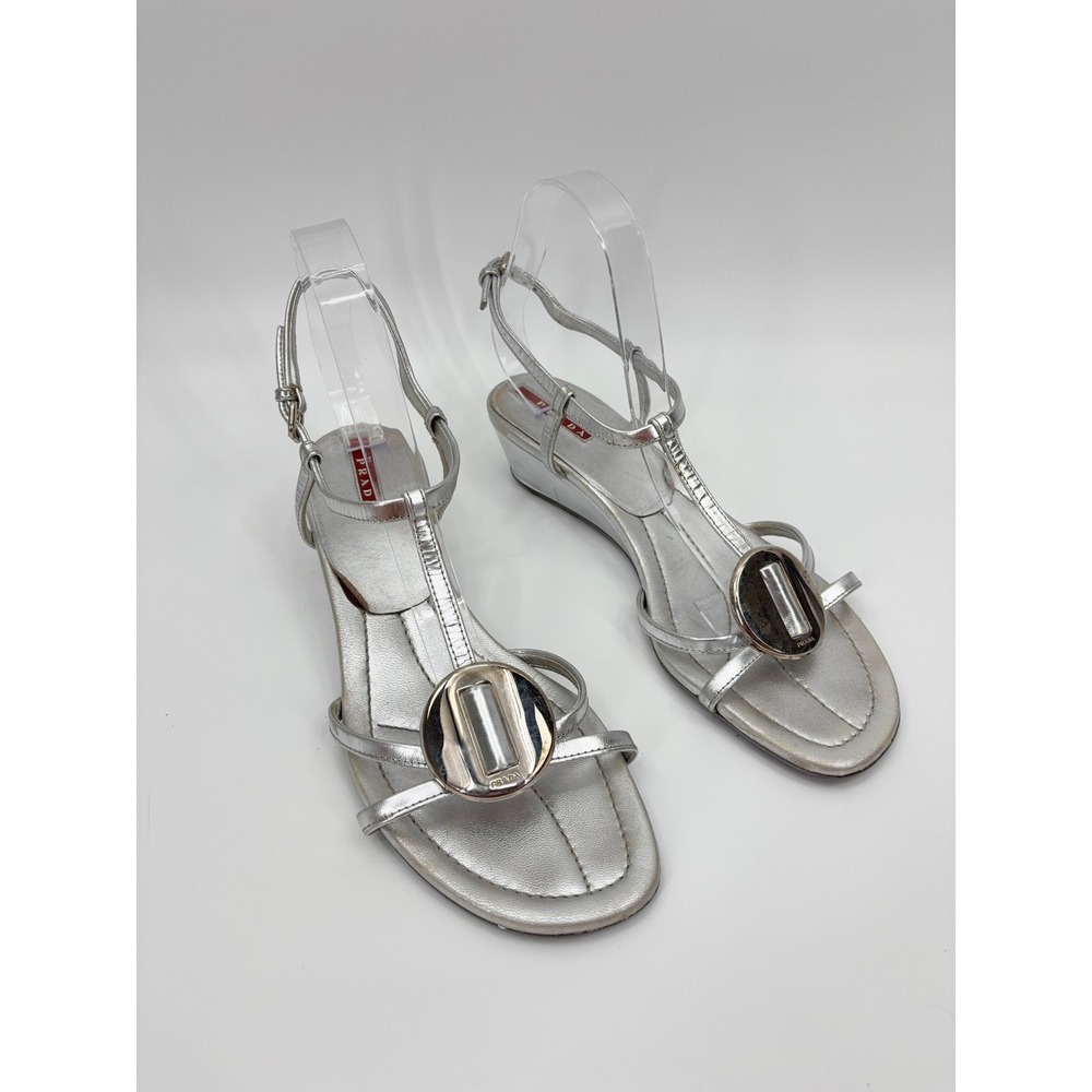 B5 Prada Metallic Leather Wedge Sandals 9.5 Silver T-Strap Medallion Strappy - Picture 2 of 14
